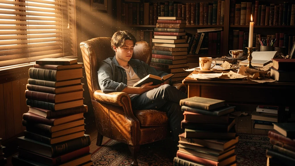 Jeune homme entouré de piles de livres non lus dans un salon, illustrant la fausse maîtrise par l'achat excessif