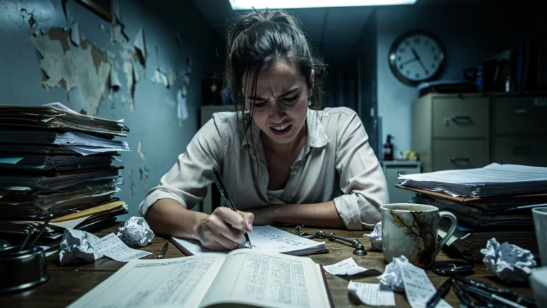Femme épuisée ralentie par une comptabilité manuelle trop chronophage sur un bureau encombré