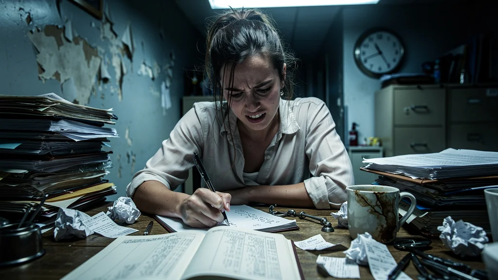 Femme épuisée ralentie par une comptabilité manuelle trop chronophage sur un bureau encombré