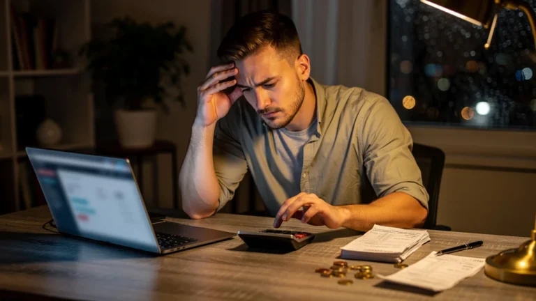Homme analysant son cash-flow sur ordinateur, avec factures et frais de 180 euros sur un bureau