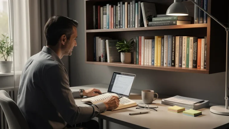 Étagère dédiée aux lectures pro dans un bureau, illustrant 6 mois de retour d’expérience et d’apprentissage
