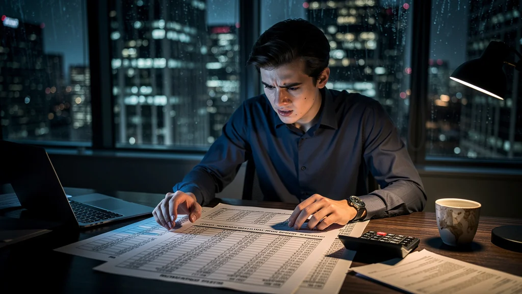 Jeune professionnel anxieux face à un bilan financier révélant un fonds de roulement inquiétant