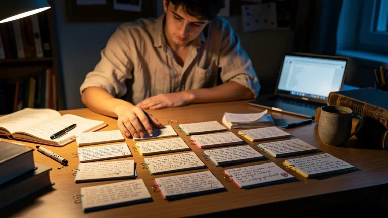 Étudiant avec 25 fiches bristol de lecture, illustrant comment tenir 25 fiches bristol de lecture a structure mon trimestre