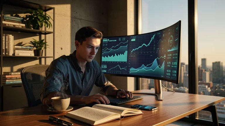 Personne analysant son cash-flow quotidien avec concentration dans un bureau moderne et lumineux