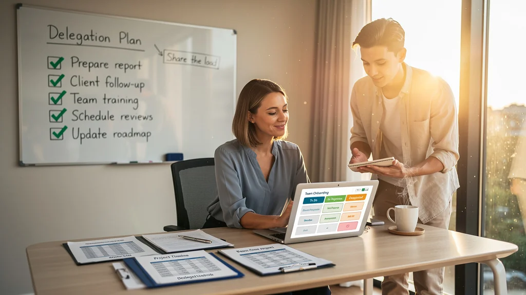 Femme réduisant le stress en déléguant progressivement son travail dans un bureau moderne apaisant