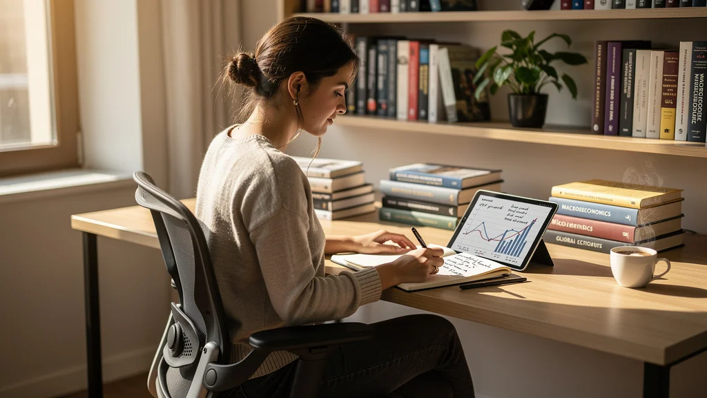 Étudiante en économie prenant des notes numériques et manuscrites après six semaines de lecture structurée