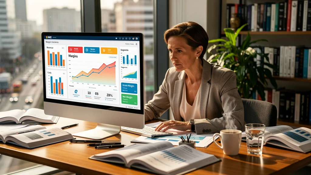 Entrepreneure analysant un tableau de bord de gestion PME pour traquer le fading des marges