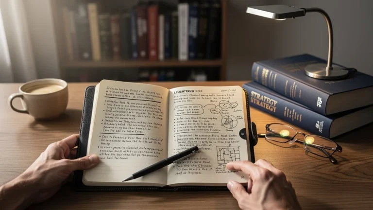 Carnet A5 Leuchtturm avec trois livres de stratégie sur un bureau, ambiance étude et prise de notes