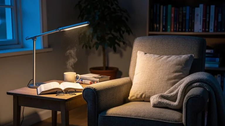 Lampe Taotronics 12W dans un coin lecture cosy, mise en scène réaliste après 30 jours de test