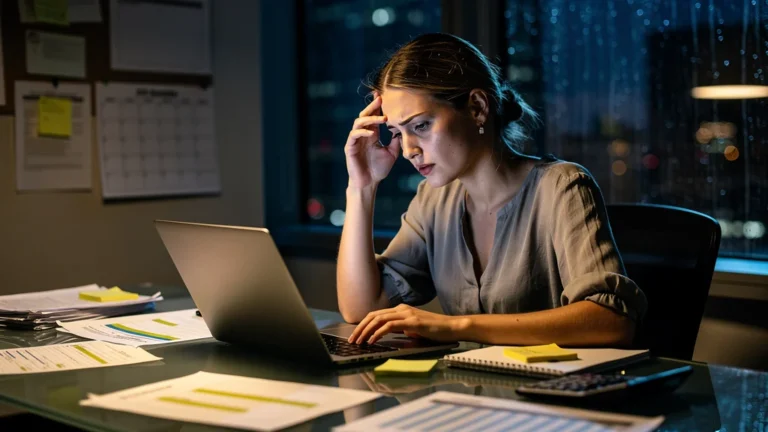 Femme stressée devant son ordinateur, illustrant J'aurais aimé découvrir The Goal avant mon goulot d'étranglement de 3 mois