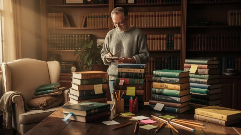 Personne triant des livres par thème avant 80 titres, image à la une de l’organisation de bibliothèque