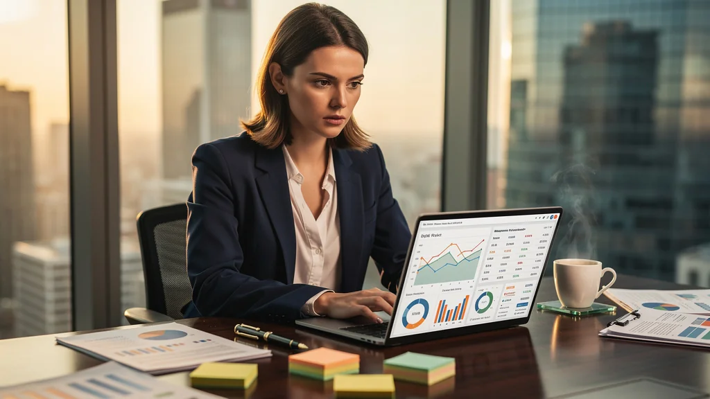 Jeune professionnelle anxieuse devant un tableau de bord d’indicateurs de performance avant son premier bilan