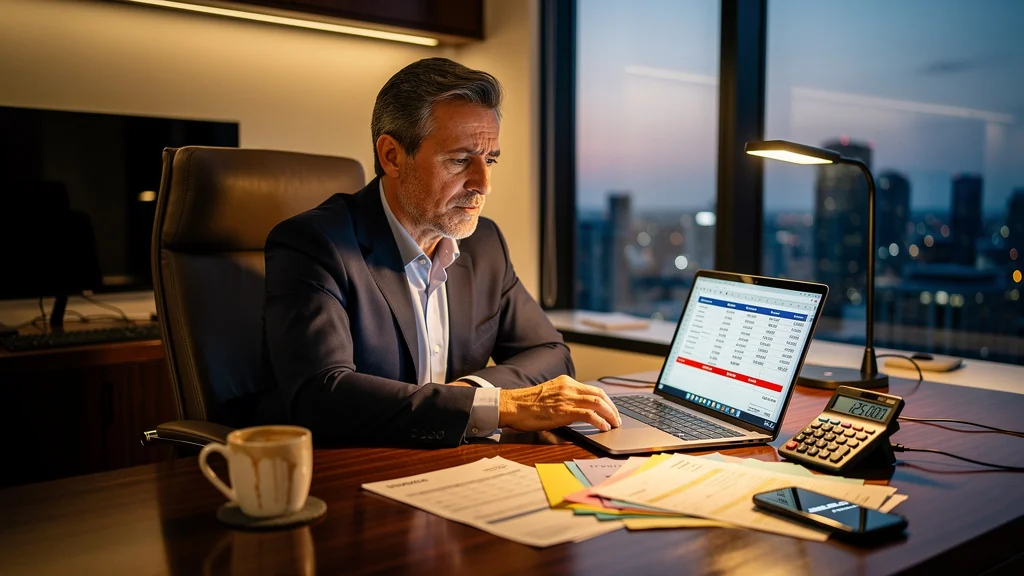 Entrepreneur regrettant de ne pas avoir compris la différence entre chiffre d’affaires et bénéfice, illustrant un découvert financier