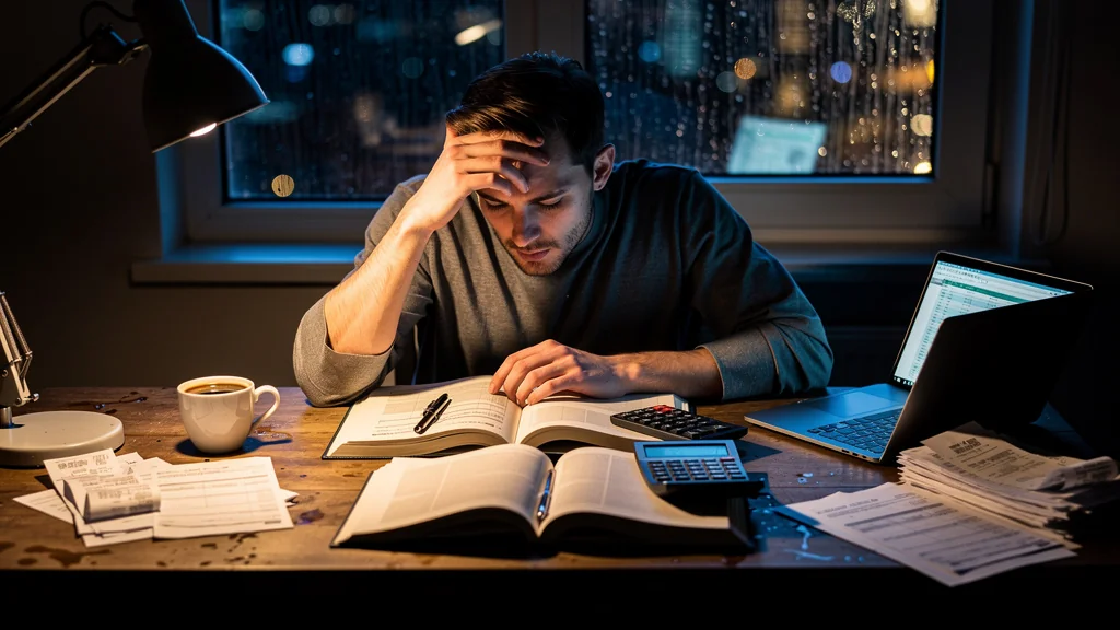 Entrepreneur stressé devant des livres de compta et des documents pour son premier bilan à 3 400 euros