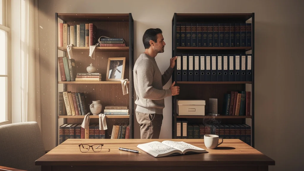 Lectures perso et pro séparées sur deux étagères distinctes dans un bureau organisé