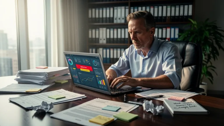Professionnel gestion luttant entre paperasse manuelle et automatisation défaillante en bureau moderne