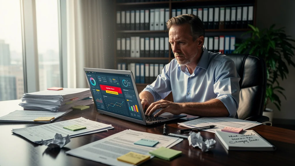 Professionnel gestion luttant entre paperasse manuelle et automatisation défaillante en bureau moderne
