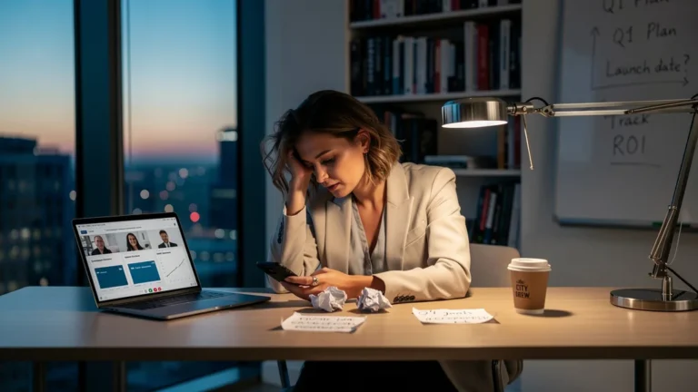 Femme réfléchissant dans un bureau moderne sur une campagne marketing non mesurée ayant coûté trois mois