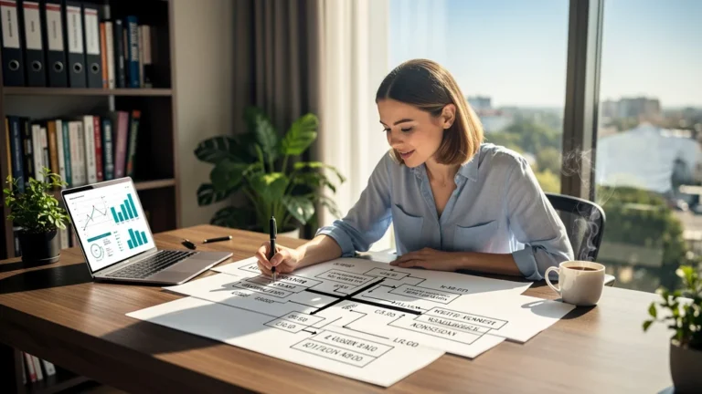 Illustration réaliste d'une femme découvrant la clarté d'un concept grâce à un schéma de flux financier