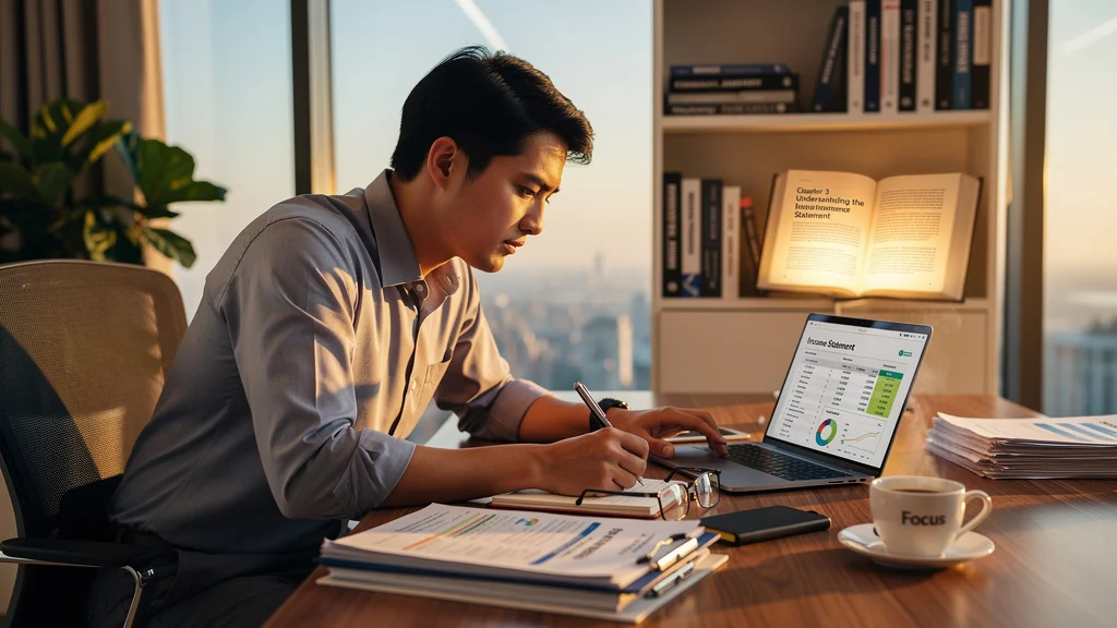 Lecture transformée d'un compte de résultat après un seul chapitre, bureau moderne, focus intense, lumière naturelle
