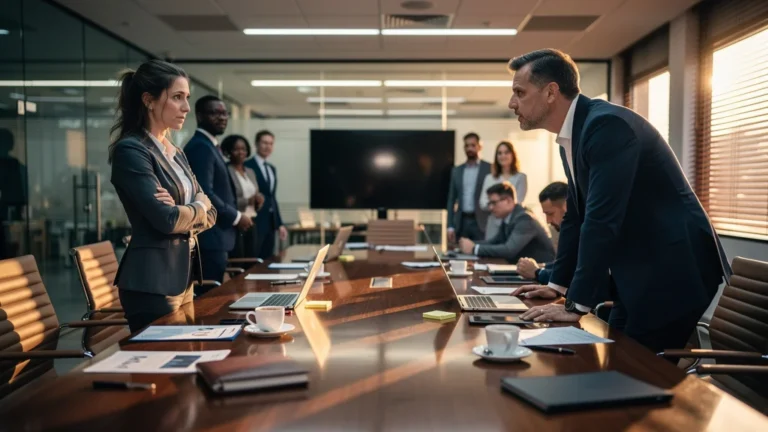 Réunion tendue illustrant un conflit d'équipe transformant la perception du leadership