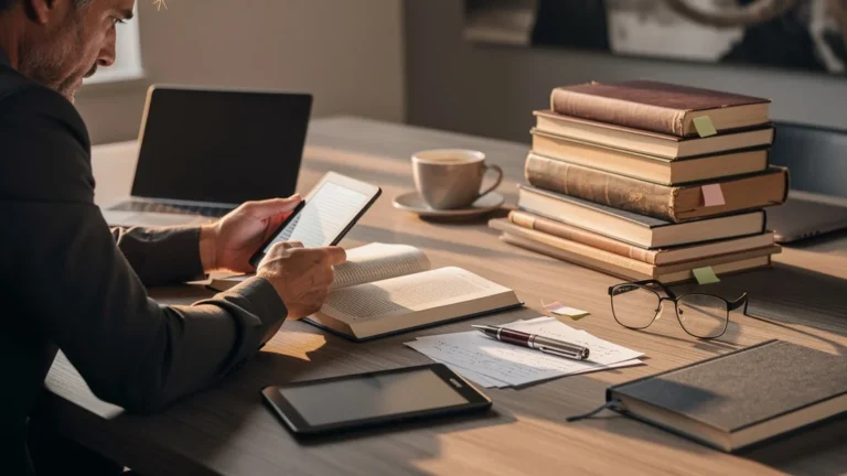 Kindle Paperwhite face au papier après 14 livres business, comparaison sur un bureau moderne