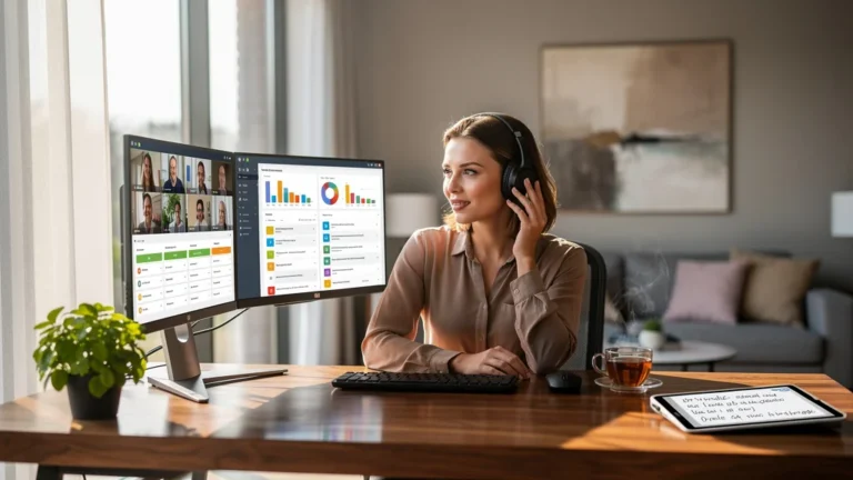 Femme travaillant à distance, gérant une équipe avec maîtrise du télétravail et limitation de la zoom fatigue