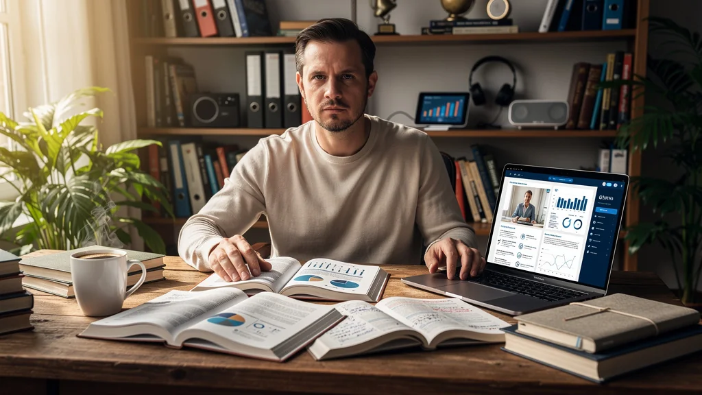 Comparaison hyper-réaliste entre formations en ligne et livres pour apprendre la gestion