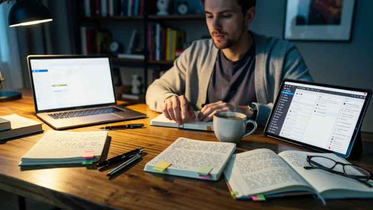 Comparatif Notion vs Evernote pour 200 fiches de lecture, image à la une d’un espace de travail organisé