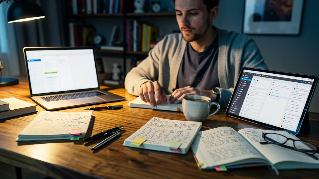 Comparatif Notion vs Evernote pour 200 fiches de lecture, image à la une d’un espace de travail organisé