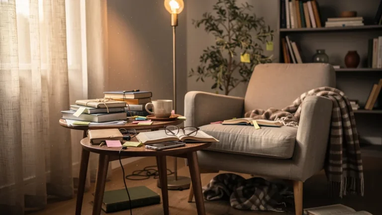 Coin lecture silencieux négligé, livres dispersés et ambiance de distraction prolongée dans un intérieur réaliste