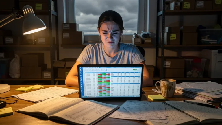 Femme frustrée bloquée deux mois faute de lecture sur la gestion de stock dans un bureau désordonné