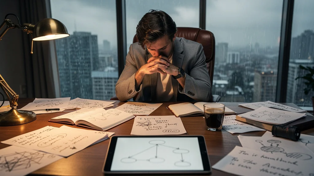 Entrepreneur en réflexion dans un bureau désordonné après six mois sans formaliser son business model