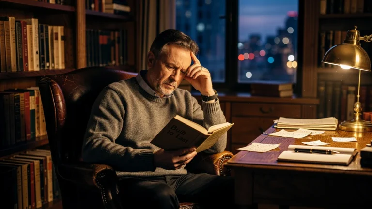 Homme réfléchissant avec un livre Built to Last dans un bureau vintage, ambiance chaleureuse et cinématographique