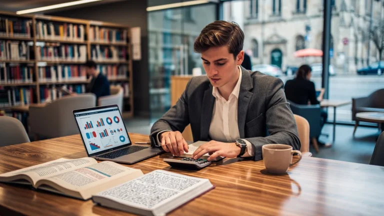 Jeune adulte étudiant le business à la médiathèque municipale d'Orléans, image à la une réaliste