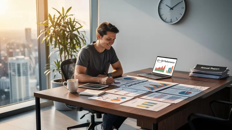 Professionnel réaliste analysant des bilans trimestriels dans un bureau moderne lumineux