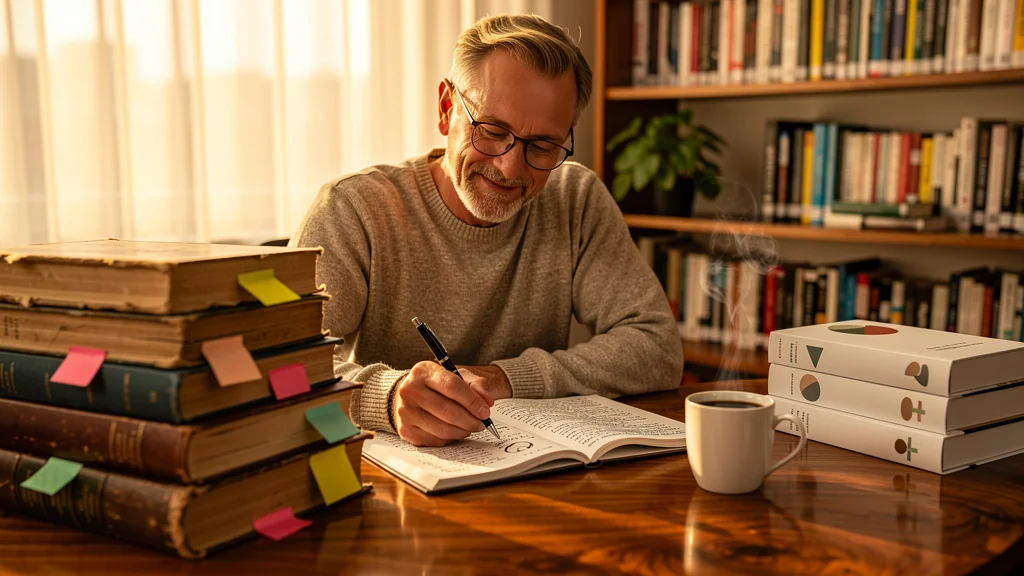 Homme préféré ouvrages avec cas concrets plutôt que livres conceptuels dans un bureau lumineux et chaleureux