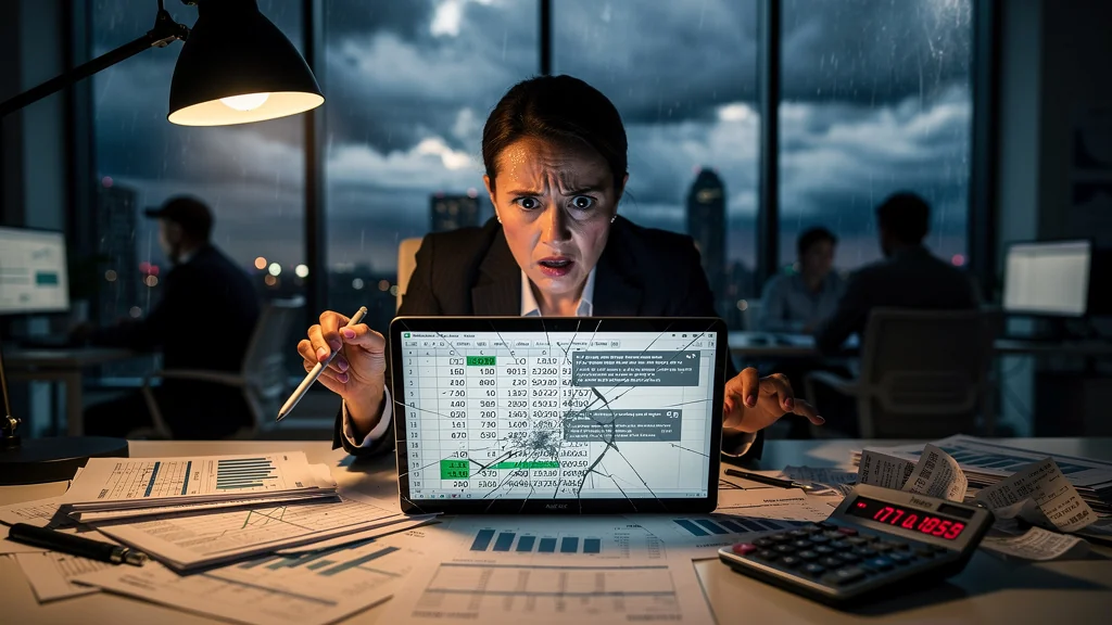 Illustration réaliste d'une comptable stressée face à un fichier Excel corrompu menaçant ses données comptables
