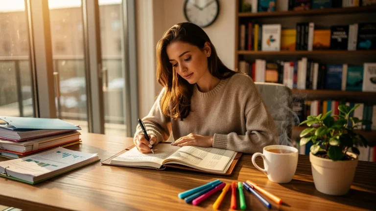 Femme écrivant dans un journal de bord financier au bureau, symbolisant clarté et organisation
