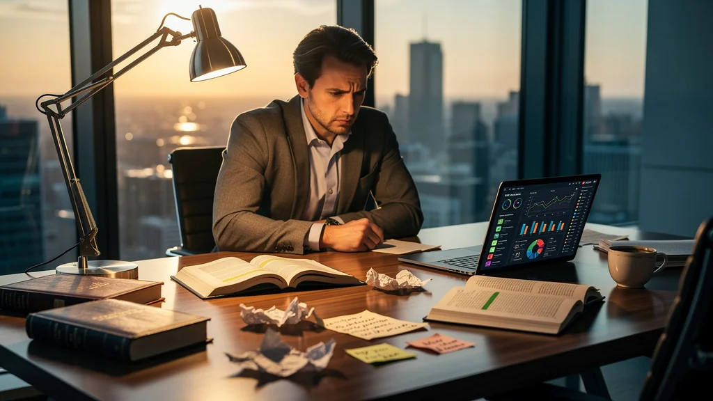 Professionnel frustré face à des best-sellers business, quête de conseils pratiques concrets