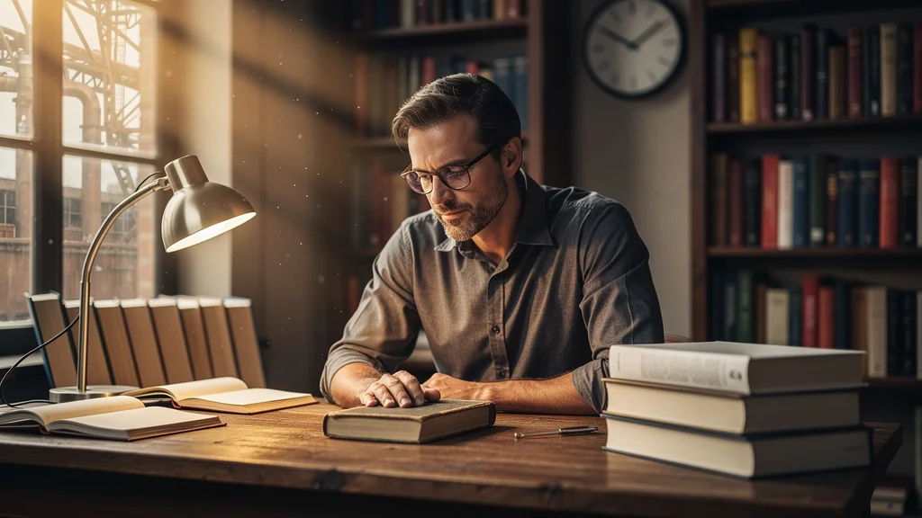 The Goal de Goldratt relu deux fois, avec un lecteur face à des essais récents dans un bureau chaleureux