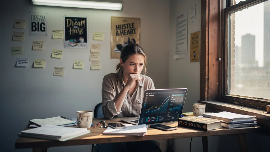 Femme pensive dans un petit bureau startup illustrant le décalage entre Zero to One et les petites structures