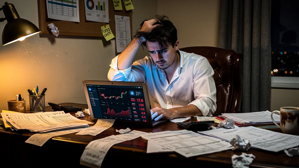 Jeune entrepreneur regrettant ses erreurs de frais fixes en début d'activité, bureau sombre, ambiance pesante