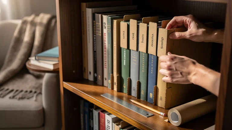 Index cartonné maison pour organiser 40 livres sur une étagère biblio, photo réaliste