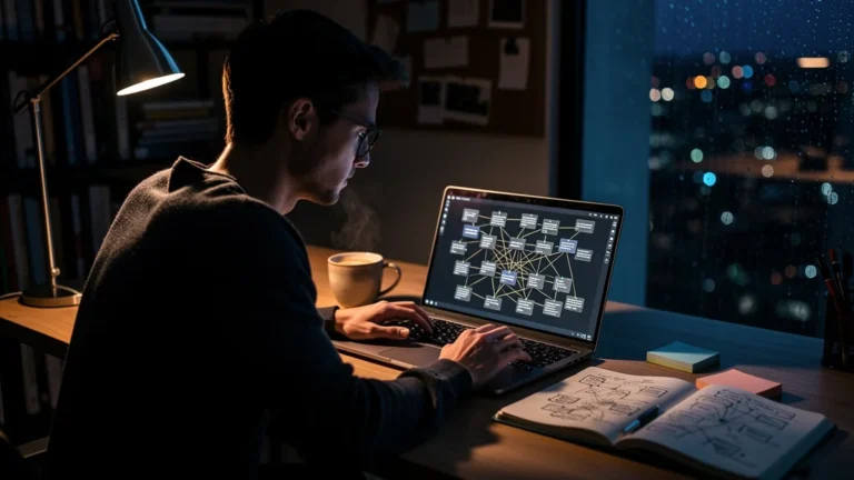 Personne travaillant sur un système Zettelkasten dans Obsidian avec 120 notes croisées sur un bureau lumineux