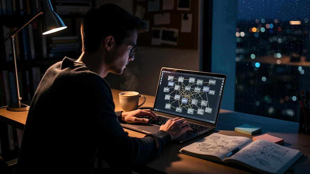 Personne travaillant sur un système Zettelkasten dans Obsidian avec 120 notes croisées sur un bureau lumineux