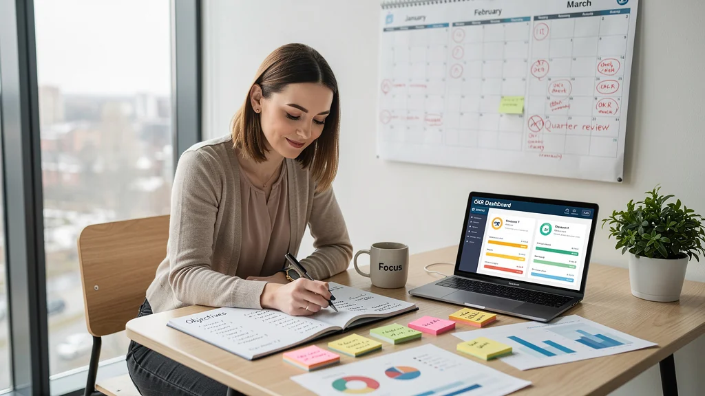 Test de la méthode OKR sur un trimestre avec trois objectifs prioritaires dans un bureau moderne et lumineux