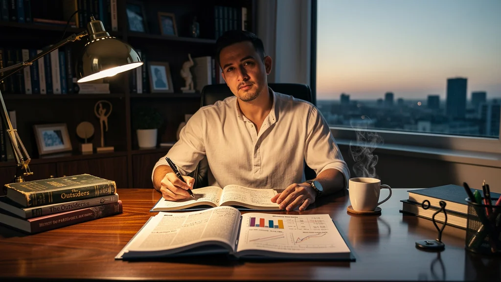 Homme relisant The Outsiders de Thorndike pour affiner sa trésorerie au quotidien, ambiance bureau chaleureux