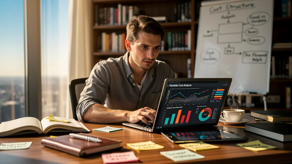 Professionnel découvrant la vision structurée des coûts variables avec The Personal MBA dans un bureau moderne