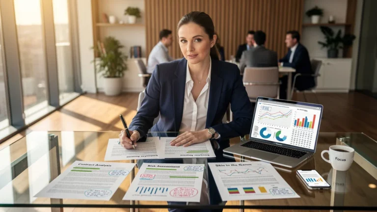 Professionnelle appliquant la grille Skin in the Game sur 4 contrats dans un bureau moderne éclairé naturellement